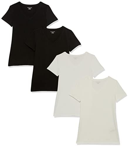 Amazon Essentials Women's Regular-Fit Short-Sleeve T-Shirt (Crewneck and V-Neck Options), Pack of 4, Black/White, X-Small