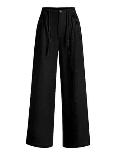 LOMON Women's Pants Cotton Linen Pants Elastic High Waisted Business Casual Work Trousers Wide Leg Slacks with Pockets Black