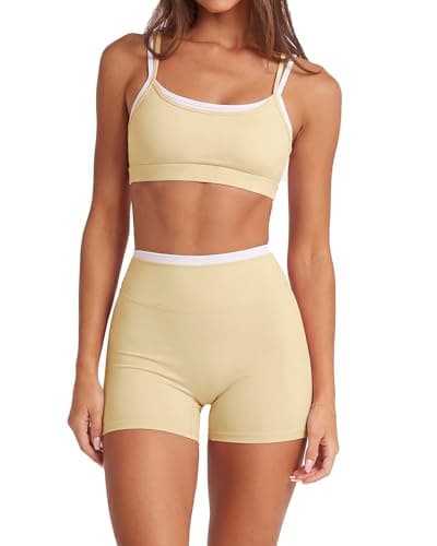 SUUKSESS Women 2 Pieces Workout Sets Padded Spaghetti Straps Tank Tops High Waist Biker Shorts Gym Yoga Active Wear Matching Sets (Yellow, L)