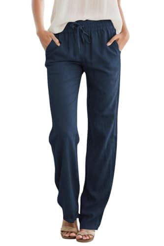 JEKAOYI Womens High Waist Casual Pants Drawstring Straight Leg Vacation Comfy Lounge Pocket Linen Trousers Navy