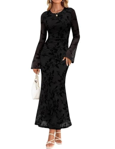 ZESICA Women's Long Sleeve Floral Ruched Bodycon Maxi Dress 2026 Spring Fall Mesh Wedding Guest Cocktail Party Formal Dresses, Black, L