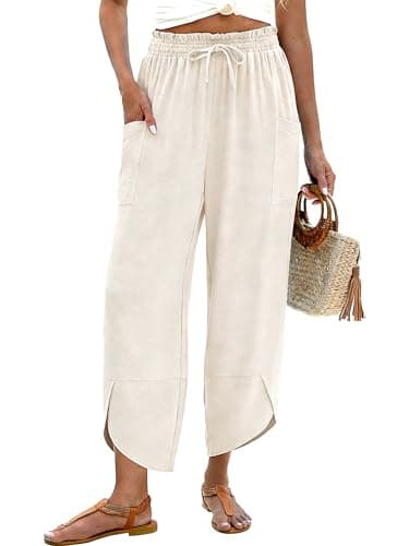 LOMON Women's Cotton Linen Spring Summer Palazzo Pants Flowy Wide Leg Beach Trousers with Pockets Travel (Apricot,XL)