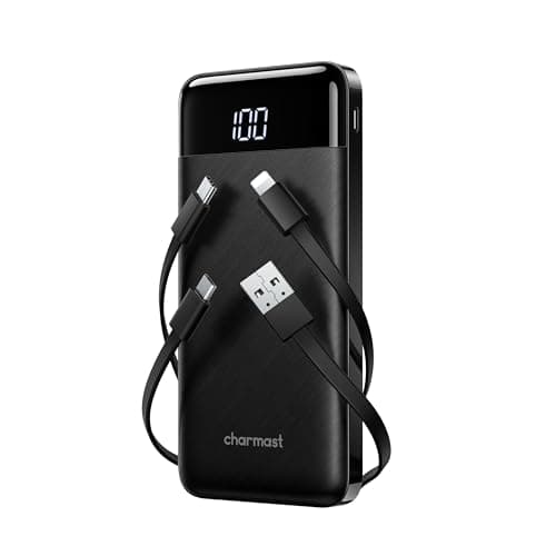 charmast Portable Charger with Built in Cables, Power Bank with Cords Wires, Slim 10000mAh Travel Battery Pack 6 Outputs 3 Inputs 3A Fast Charging for Samsung Google Pixel LG Moto iPhone iPad