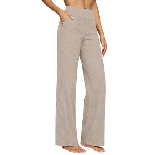 Plus Size Dress Pants Capsule Wardrobe for Women Cotton Linen Pants 2026 Spring Summer Gauze High Waisted Button Up Straight Leg Trousers Beach Beach Boho Plus Size Casual Vacation Pant Beige