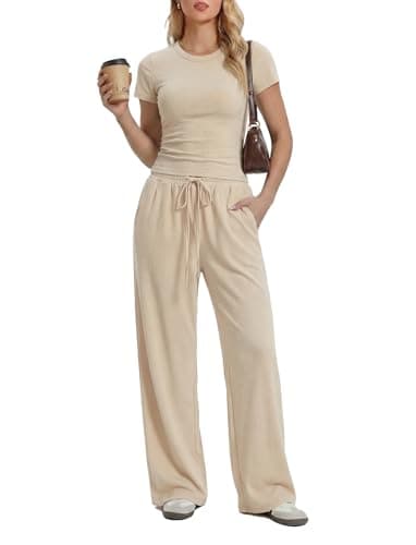 oncharm 2 Piece Matching Lounge Set for Women Summer Outfits Short Sleeve Top Wide Leg Pants Casual Sets