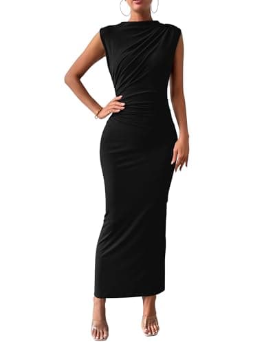 BTFBM Women Ruched Bodycon Maxi Dresses Summer Casual Sleeveless Lightweight Slit Elegant Cocktail Wedding Guest Dress(Black, Medium)
