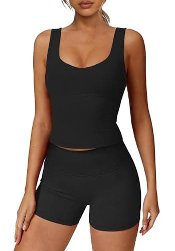 Alaroo Workout Sets for Women 2 Piece U Neck Crop Tank Tops High Waisted Tummy Control Biker Shorts Gym Clothes Pilates Athletic Matching Activewear Black S