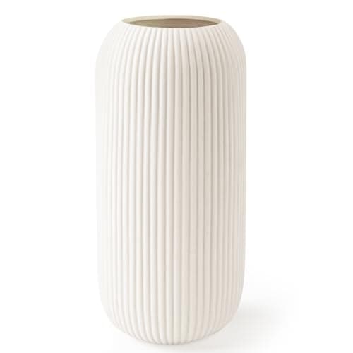 Ceramic Vase for Flowers – Modern Small Ribbed Textured Flower Vase for Home Decor, Pampas Grass, Decorative, Farmhouse, Coffee Table, Kitchen Centerpieces, Bookshelf and Home Living (White)