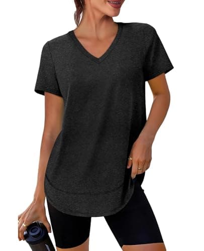 Summer Tops for Women 2026 Short Sleeve Workout Clothes Athletic Shirts Pilates Outfits Camisetas Deportivas para Mujer V Neck Black L