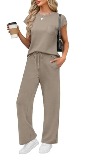 WIHOLL 2 Piece Sets for Women Summer Lounge Sets Country Concert Cruise 2026 Outfits Business Casual Teacher Cozy Beach Vacation Clothes Resort Wear Fashion Wide Leg Pants Pajama Sets Coffee XL