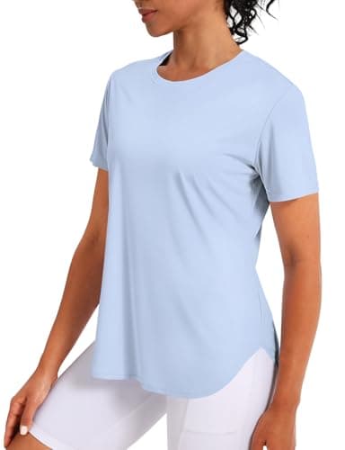 CHALLMOTI Women's Short Sleeve Workout Tops Athletic Shirts UV Protection Sun Shirts UPF 50+ Quick Dry Lightweight Light Blue L