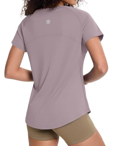 Loovoo Workout Tops for Women Cool Activewear Summer Basic Shirt Flowy Stretchy Wear with Leggings Purple Gray XL