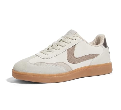 LUCKY STEP Women's Classic Fashion Casual Sneakers Skate Shoes No Slip Lace Up Walking Shoes(8.5 M US Beige Grey)