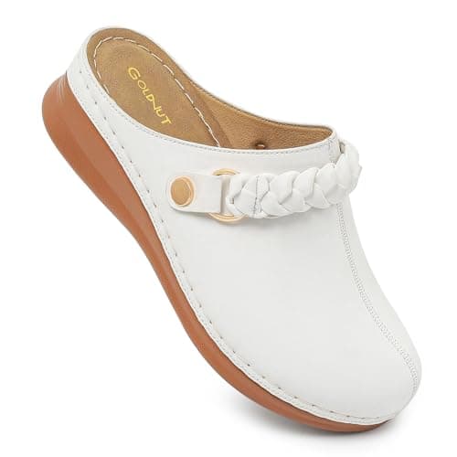 Goldnut Women's Slip-On White Clogs, Closed Toe Mules, Comfortable Braided Clogs with Arch Support Casual Everyday Wear Shoes Size 7.5