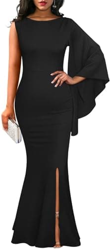 Women's Elegant One Bell Sleeve Side Split Bodycon Long Formal Evening Dress(65Black,X-Large)