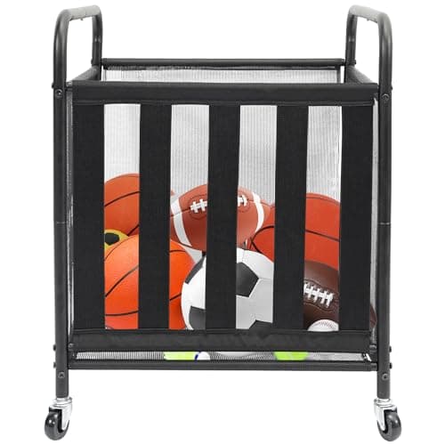STO STO Rolling Sports Ball Storage Cart, Lockable Basketball Cage with Elastic Straps, Sport Equipment Holder Organizer for Indoor Outdoor, Steel Storage Rack for Playgroud and Gym, 1 Pack, Black