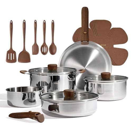CAROTE 19pcs Stainless Steel Cookware Set with Detachable Handle, Pots and Pans Set, Induction Kitchen Cooking Sets, RV/Camping Cookware, Removable Handle, Oven Safe, Woodgrain