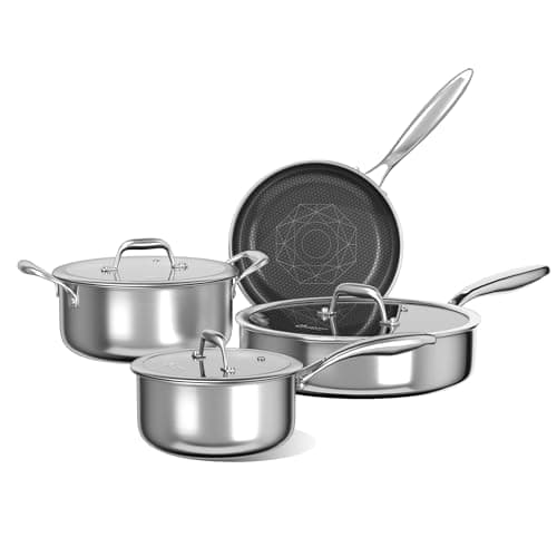 COOKER KING 7 PCS Stainless Steel Cookware Set, Pots and Pans Set Non Stick, Hybrid Cookware,Non-Stick Frying Pan, Saucepan, Saute Pan & Stockpot, Non-Toxic, Oven Safe, Induction Compatible