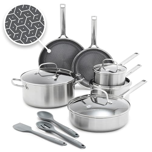 GreenPan Hybrid 13 Piece Nonstick Stainless Steel Cookware Set, APEX Tri-Ply Thermobond PFAS-Free Ceramic Pots & Pans, Induction & All Cooktop Compatible, Oven Temp to 850°F, Dishwasher Safe, Silver