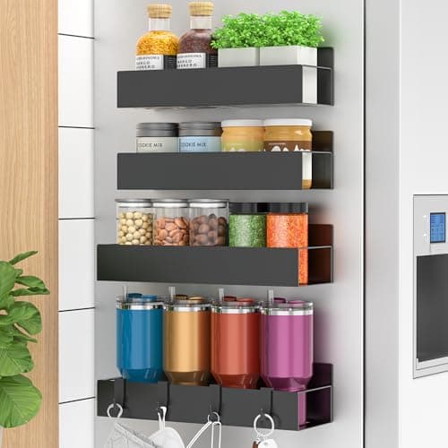 HuggieGems Metal 4 Pack Magnetic Spice Storage Rack Organizer for Refrigerator and Oven, Black Fridge Organizers and Storage