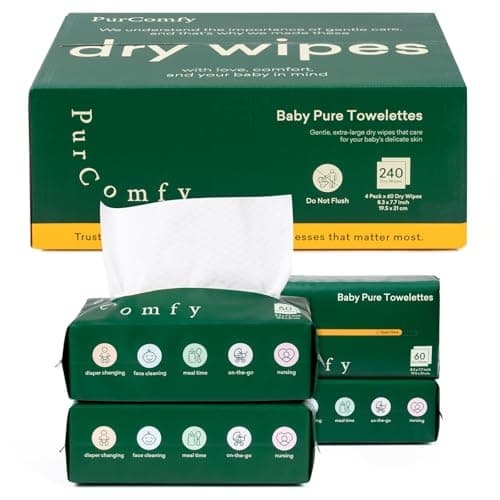 PurComfy Baby Dry Wipes for Newborn, 4 Pack Plant-Based & Hypoallergenic Disposable Cloths for Baby Diaper Changes, Meal Time & Runny Noses, Use Wet or Dry, Total 240 Count