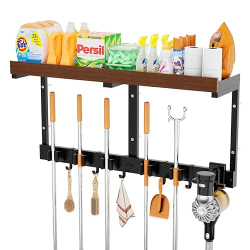 Broom Holder Wall Mount with Cleaning Supplies Organizer, Laundry Room Shelves with Mop Hanger Rack Gripper Hooks and Vacuum Organizer, Broom and Mop Organizer Wall Hanging for Home Garage Kitchen