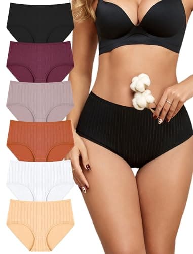 FINETOO Cotton Underwear for Women High Waisted Ribbed Full Coverage Briefs Soft Breathable Moisture Wicking Panties 6 Pack