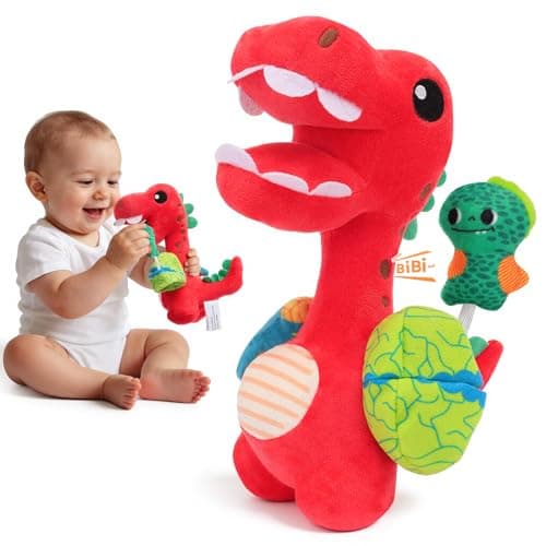 Baby Toy 0-12 Months - BPA-Free Soft Plush Sensory Toy with Gentle Squeaker, Safe Hand Grip & Teething Relief, Portable Newborn Toy for Diaper Bag, Baby Shower Gift (Red Dinosaur)