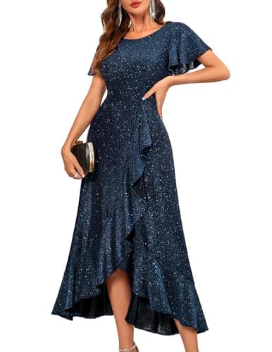 BeryLove Women Sequin Formal Party Dress Flutter Short Sleeve Wedding Guest Dress Cocktail Long Evening Dress BLS007 Navy XL