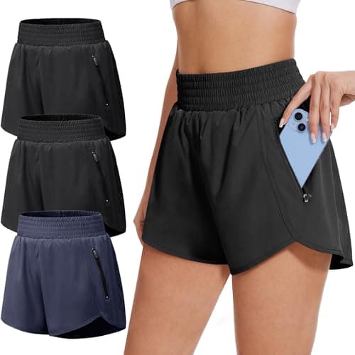 BALENNZ Women's 3 Pack Athletic Workout Shorts with Zipper Pockets Activewear Elastic Waist Gym Running Shorts,Medium