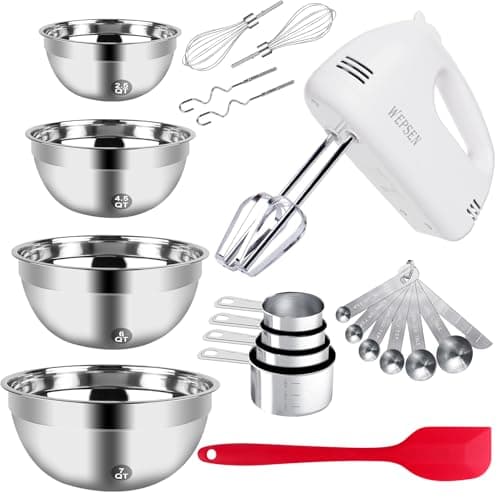 WEPSEN 5-Speed Electric Hand Mixer, 4 Large Mixing Bowls Set, Handheld Mixers with Whisks Beater, Stainless Steel Metal Nesting Bowl Measuring Cups Spoons Kitchen Cake Blender for Baking Supplies