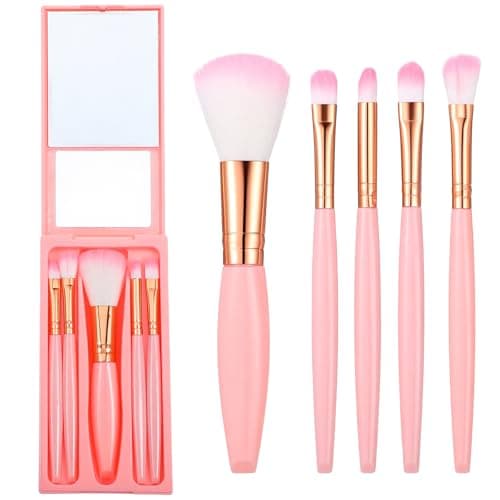 5Pcs Mini Makeup Brushes with Mirror Easy-taken Eye Shadow Brushes Set Pink Travel Makeup Brush Set for Eyeshadow Blush Contour Complete Function Eye Makeup Brush Set