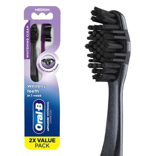 Oral-B 3D White Charcoal Toothbrush, 2 Count Medium Manual tootbrush Pack, Whitens Teeth, removes Plaque and Stains, Tongue Scraper Tooth Brush