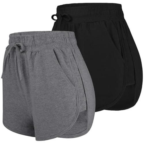 URATOT 2 Pack Cotton Yoga Short Women Summer Running Gym Sports Waistband Shorts with Pockets Black,Dark Grey