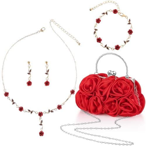 Hicarer 5 Pcs Women Rose Clutch Purse Rose Jewelry Set Evening Handbag Gold Necklace Earring Bracelet for Wedding Gifts(Red)