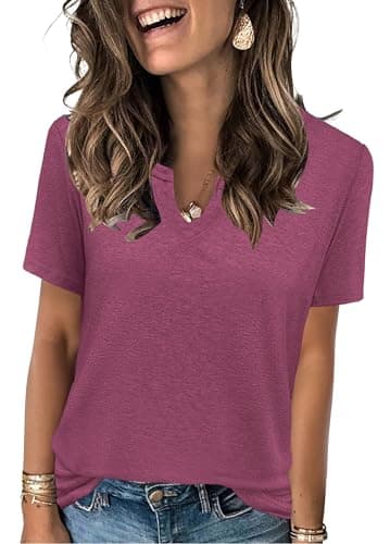 Womens Tops Casual Summer 2026 T Shirt V Neck Lightweight Short Sleeve Basic Tee Comfortable Everyday Wear Simple Style Easy Pairing Fuchsia Large