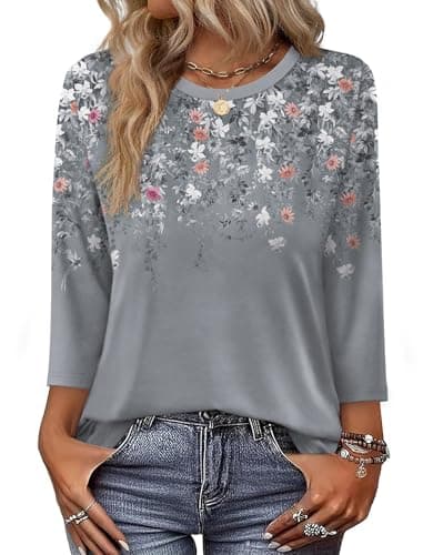 OFEEFAN Shirts For Women Spring Tops 3/4 Length Sleeve Tops Womens Fall Fashion 2026 Plus Size Clothing Comfort Colors Tshirt Basic Top Grey 3XL