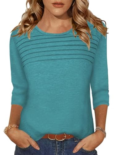 Womens Tops Spring Blouse 3/4 Length Sleeve Crew Neck Pleated Design Dressy Casual Style Trendy Summer Tops for Women Everyday Outfits Grey Green Large