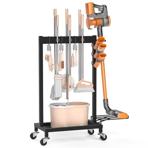 Broom Holder with Cleaning Supplies Organizer Load 160 LBS Cleaning Cart with Wheels Broom Closet Storage with 6 Mop Hanger Grippers, 3 Double-Hooks, Vacuum Stand for Laundry Garage Organization