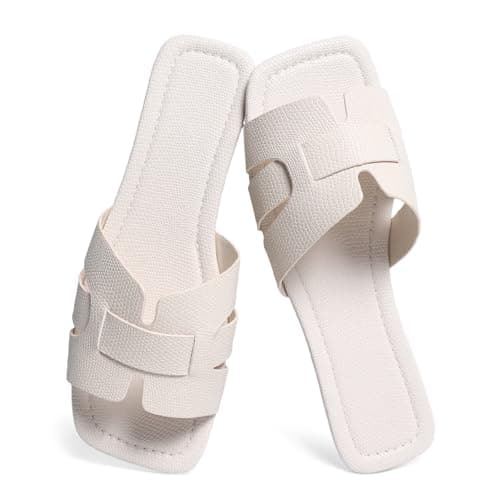 EcooInviv Women's Dressy Slip-On Flat Sandals, Elegant Textured Square-Toe Slides for Versatile Everyday Comfort