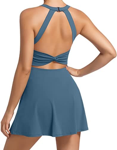 Womens Workout Tennis Dress with Built in Shorts and Bra Athletic Golf Activewear for Exercise Blue X-Small