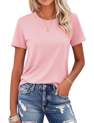 MAGCOMSEN Women's Cotton Tee Crew-Neck Short-Sleeve Classic-Fit Breathable Tops Casual Solid Summer Basic T-Shirt, Light Pink, S