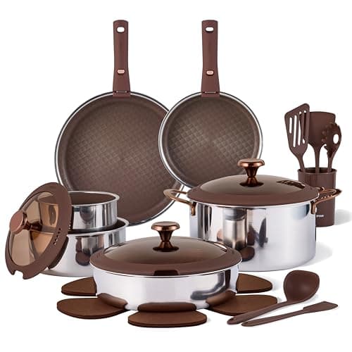 CAROTE 22PCS Stainless Steel Cookware Set with Detachable Handle, Ceramic Hybrid Nonstick Pots and Pans Set, Titanium Cookware, Stackable Kitchen Cookware Set, Induction Safe, Oven Safe, Brown