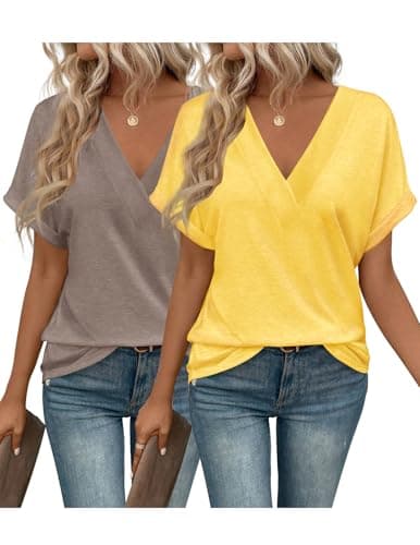 EyMuse 2 PCS Womens Tops V Neck Short Sleeve Casual Loose Tees Comfort Colors Tshirt Beach Vacation Fashion Clothes 2026 Summer Outfits,Taupe+Yellow,XXL