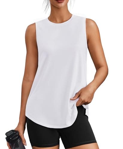 PINSPARK Women's Sleeveless Workout Tops Lightweight Tennis Yoga Tank Crew Neck Athletic Running Shirts Sun Protection Activewear, White Medium