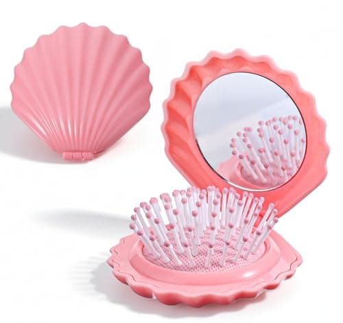 Pocket Hair Brush, 3 Inch Shell Shape Travel Brush with Mirror, Compact Portable Brushes for Women Travel Purse (Pink)