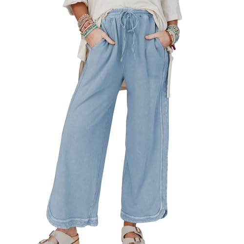 Hixiaohe Women's Casual Wide Leg Sweatpants High Waist Baggy Acid Wash Pants Drawstring Athletic Palazzo Pants with Pockets(Blue,XL)