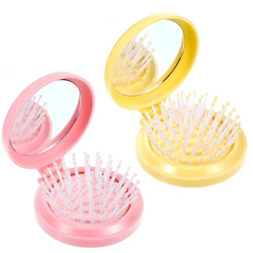 2 PCS Compact Brush with Mirror, Hair Brushes with Mirror, Foldable Pocket Travel Brush, Easy to Use, Pop up Hair Comb for Women, Girls Wet and Dry Hairs (Pink, Yellow)