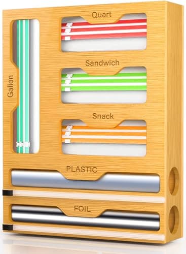 KOCWELL Bag Organizer and Plastic Wrap Dispenser with Cutter, 6 In 1 Bamboo Foil and Plastic Wrap Organizer for Kitchen Drawer, Food Storage Bag Organizer for Gallon,Quart,Sandwich,Snack(Yellow)