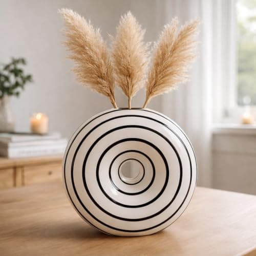 Konstéra Ceramic Large Donut Vase Hand-Painted Glossy Finish, Unique Modern Home Accent, Flower Holder, Stylish Decor for Living Room, Coffee Table, Mid-Century Modern
